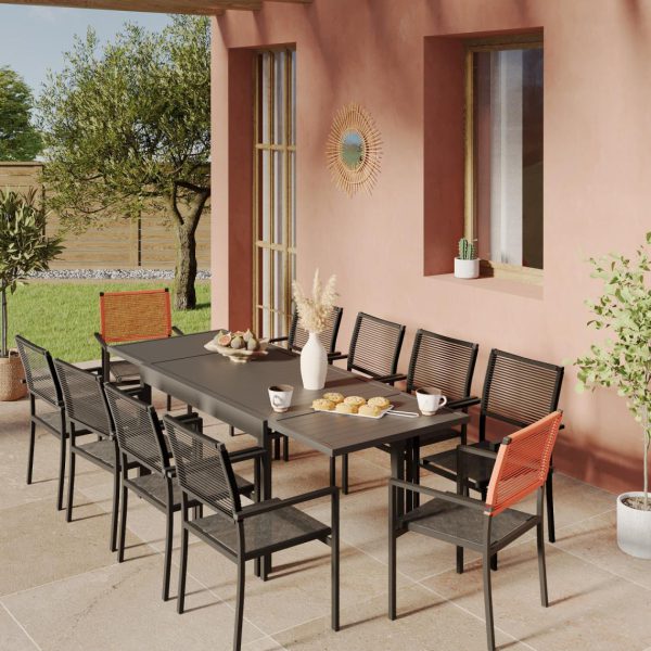 Ensemble Table de jardin extensible aluminium 135/270cm + 10 Fauteuils empilables corde Anthracite et orange-YERAZ
