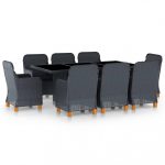 Mobilier à dîner 9 pcs avec coussins Résine tressée Gris foncé