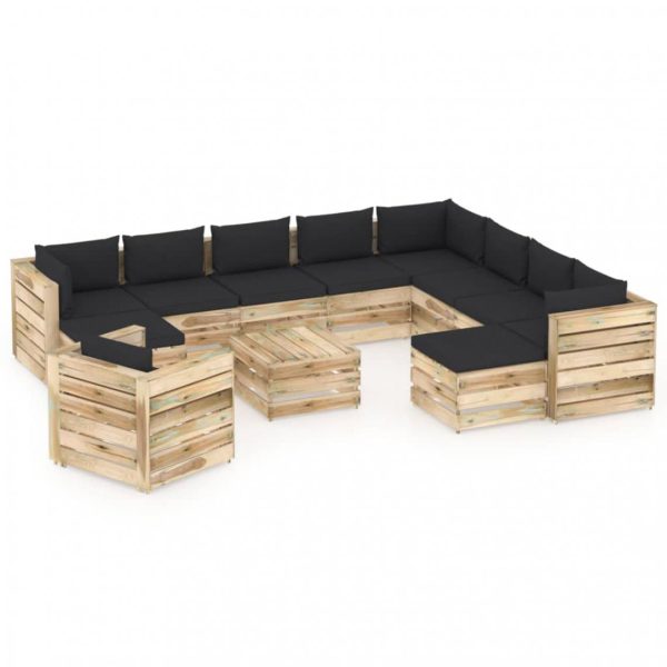 Salon de jardin 12 pcs avec coussins Bois imprégné de vert