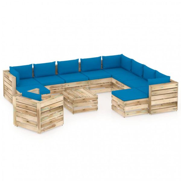 Salon de jardin 12 pcs avec coussins Bois imprégné de vert