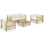 Salon de jardin 5 pcs avec coussins blanc crème Bambou – Image 2