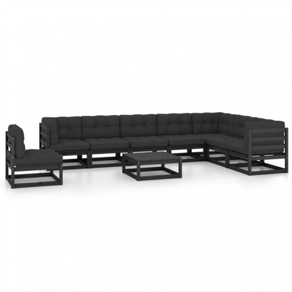 Salon de jardin 9 pcs avec coussins Noir Bois de pin massif