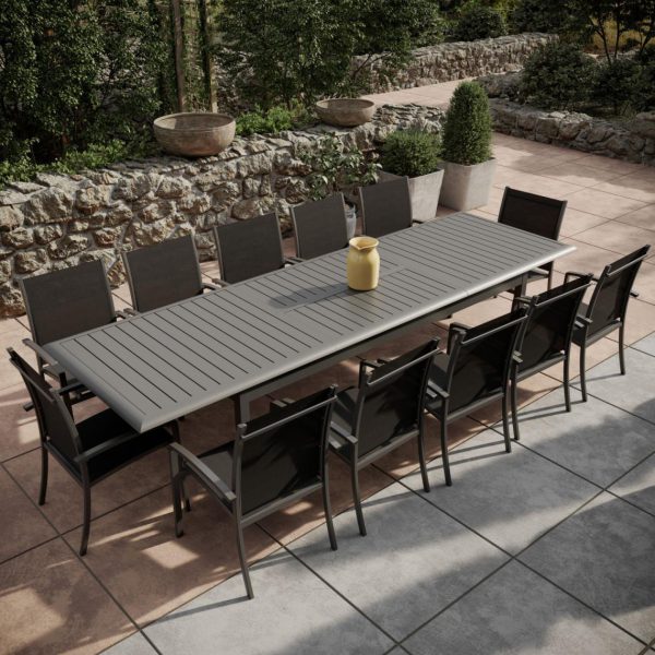 Table de jardin extensible aluminium 220/320cm + 12 fauteuils empilables textilène Gris Anthracite